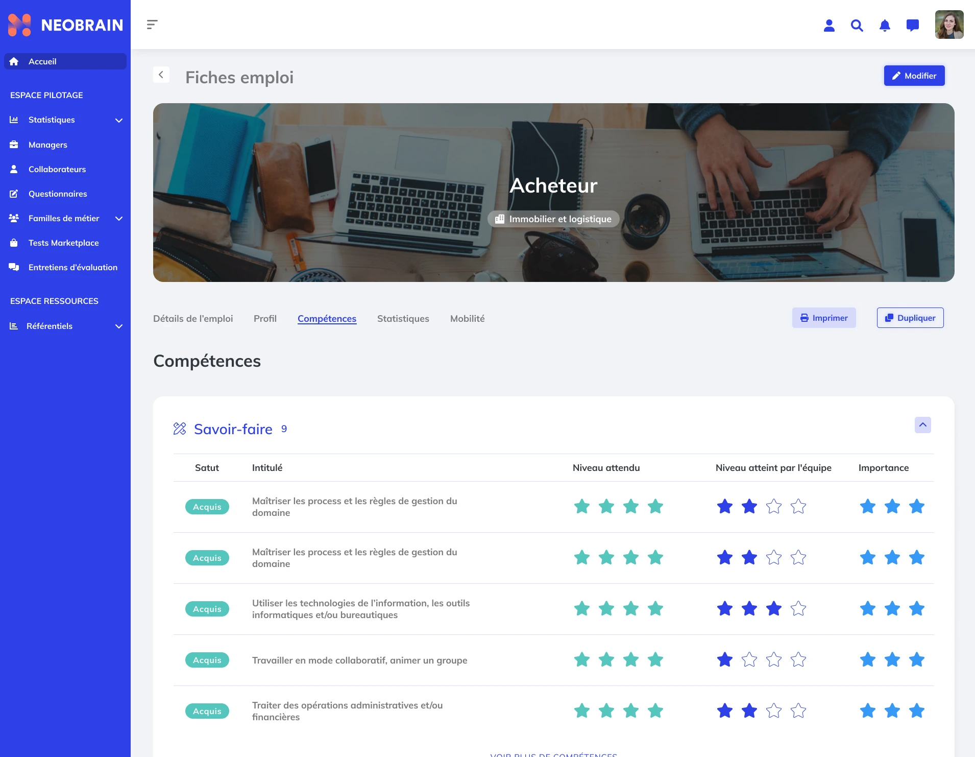 Level of skills reached and expected level of skills on the Neobran platform